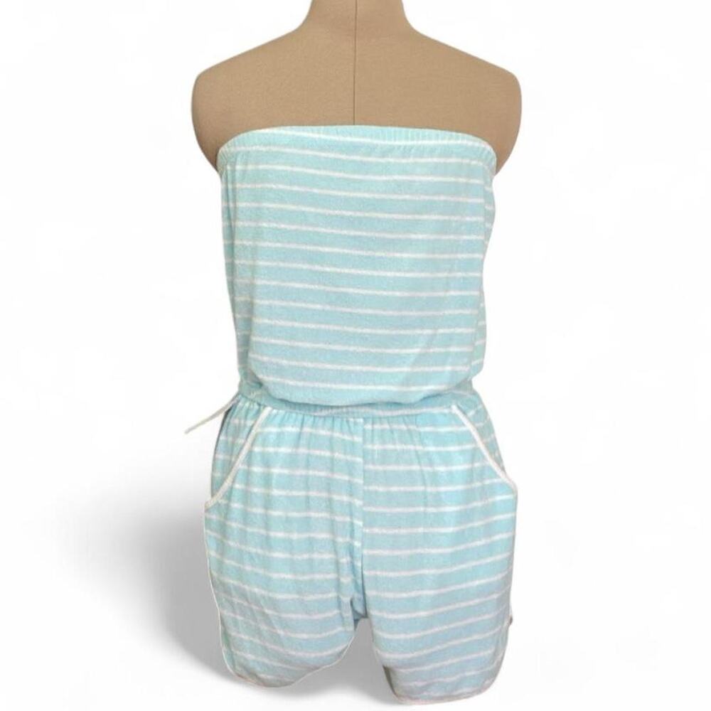 Y2K Flirtitude blue & white striped terry cloth strapless tube romper, size M